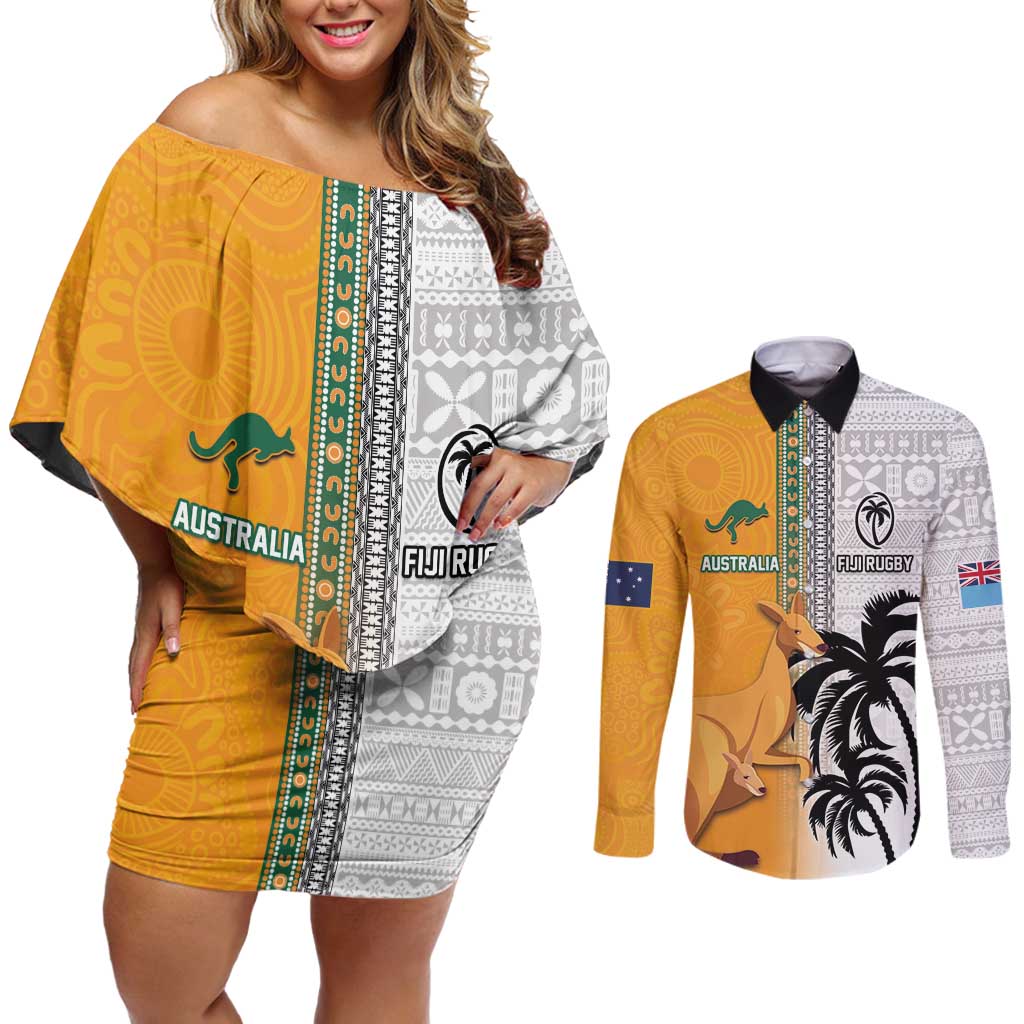 Custom Fiji and Australia Rugby Couples Matching Off Shoulder Short Dress and Long Sleeve Button Shirt Aboriginal and Fijian Masi Pattern