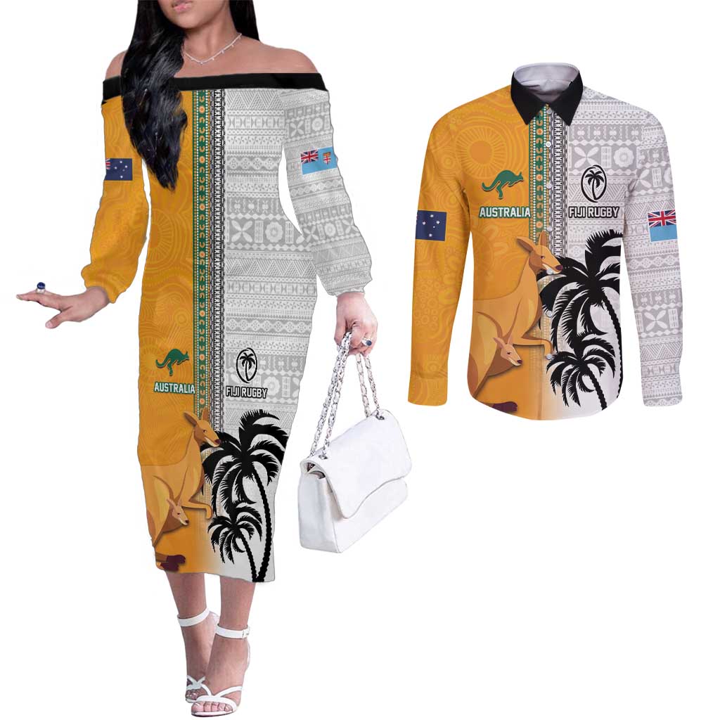 Custom Fiji and Australia Rugby Couples Matching Off The Shoulder Long Sleeve Dress and Long Sleeve Button Shirt Aboriginal and Fijian Masi Pattern