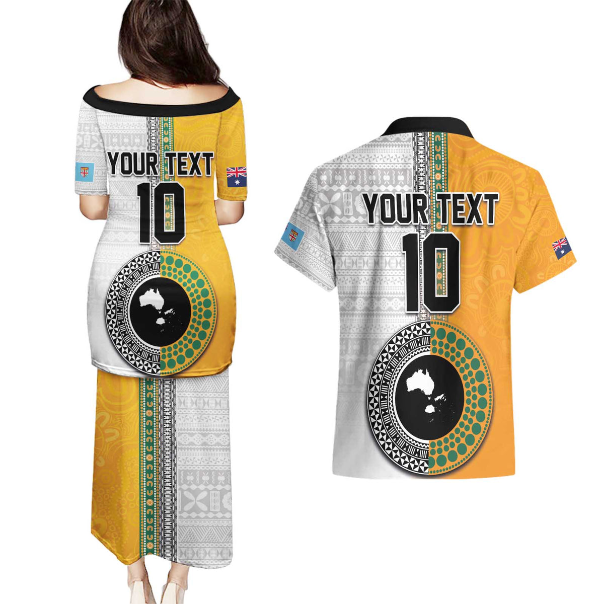 Custom Fiji and Australia Rugby Couples Matching Puletasi and Hawaiian Shirt Aboriginal and Fijian Masi Pattern