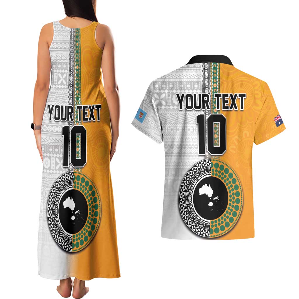 Custom Fiji and Australia Rugby Couples Matching Tank Maxi Dress and Hawaiian Shirt Aboriginal and Fijian Masi Pattern