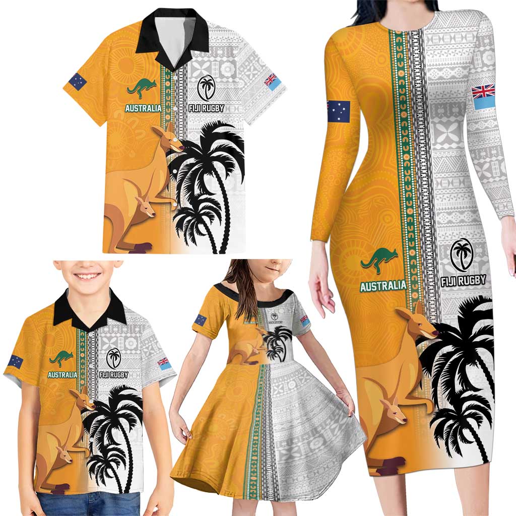 Custom Fiji and Australia Rugby Family Matching Long Sleeve Bodycon Dress and Hawaiian Shirt Aboriginal and Fijian Masi Pattern