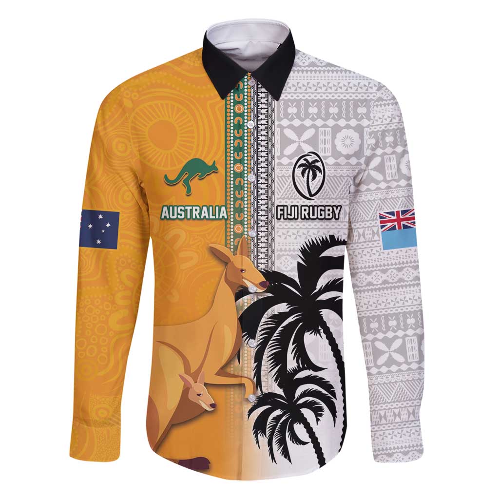 Custom Fiji and Australia Rugby Family Matching Long Sleeve Bodycon Dress and Hawaiian Shirt Aboriginal and Fijian Masi Pattern