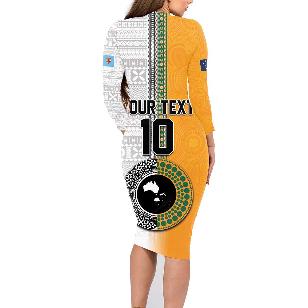 Custom Fiji and Australia Rugby Family Matching Long Sleeve Bodycon Dress and Hawaiian Shirt Aboriginal and Fijian Masi Pattern