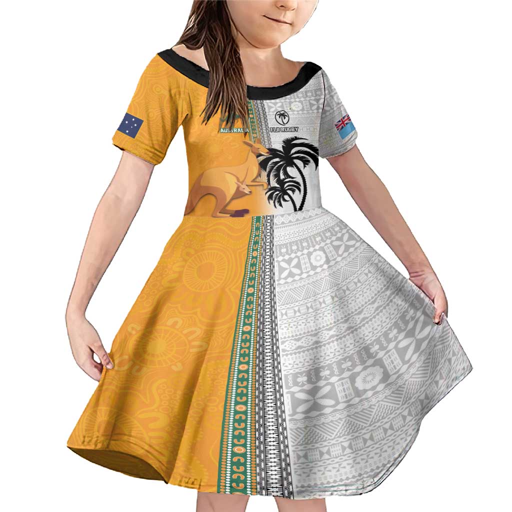 Custom Fiji and Australia Rugby Family Matching Mermaid Dress and Hawaiian Shirt Aboriginal and Fijian Masi Pattern