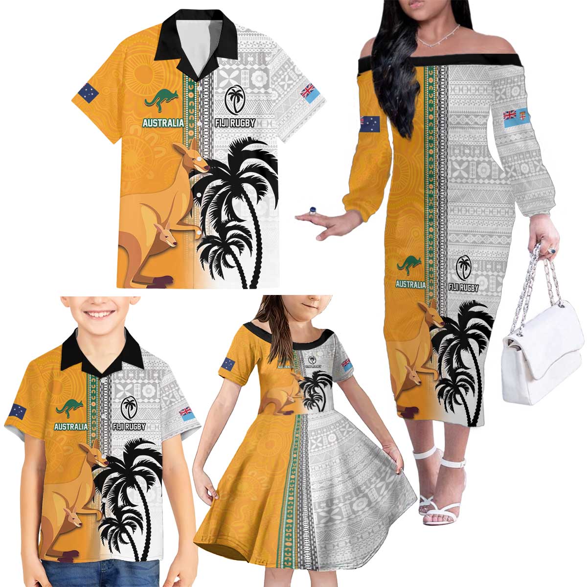 Custom Fiji and Australia Rugby Family Matching Off The Shoulder Long Sleeve Dress and Hawaiian Shirt Aboriginal and Fijian Masi Pattern