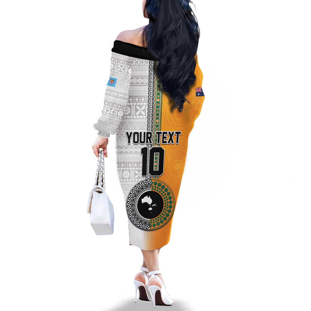 Custom Fiji and Australia Rugby Family Matching Off The Shoulder Long Sleeve Dress and Hawaiian Shirt Aboriginal and Fijian Masi Pattern