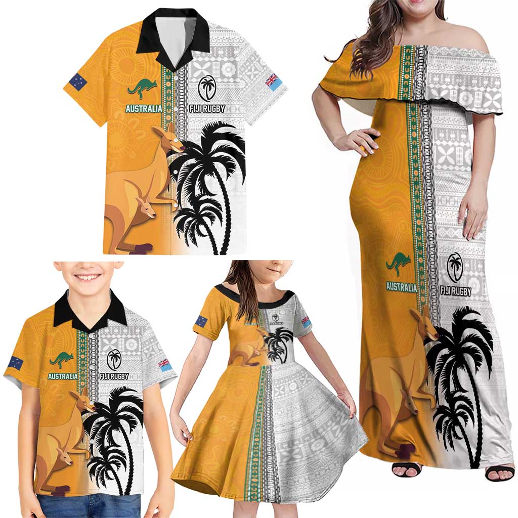 Custom Fiji and Australia Rugby Family Matching Off Shoulder Maxi Dress and Hawaiian Shirt Aboriginal and Fijian Masi Pattern