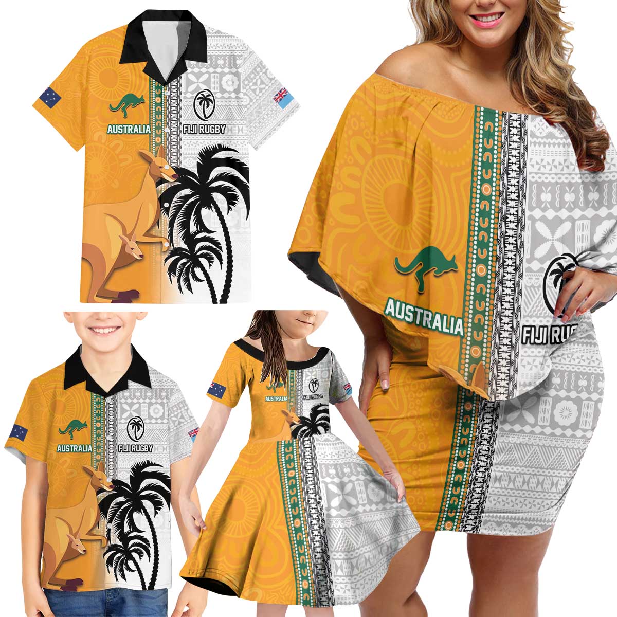 Custom Fiji and Australia Rugby Family Matching Off Shoulder Short Dress and Hawaiian Shirt Aboriginal and Fijian Masi Pattern