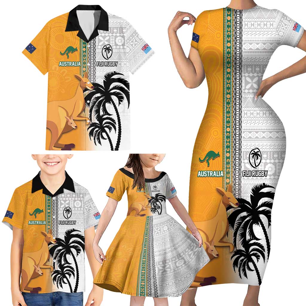 Custom Fiji and Australia Rugby Family Matching Short Sleeve Bodycon Dress and Hawaiian Shirt Aboriginal and Fijian Masi Pattern