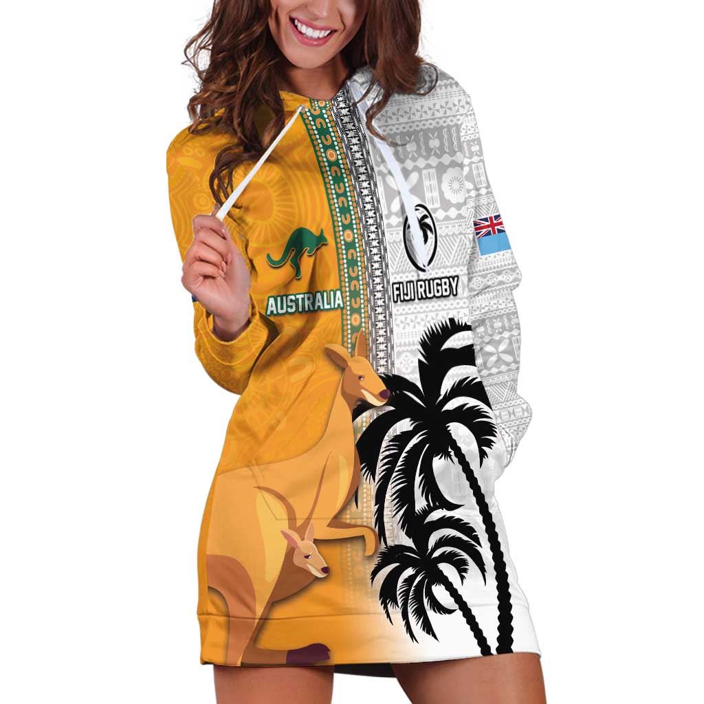 Custom Fiji and Australia Rugby Hoodie Dress Aboriginal and Fijian Masi Pattern