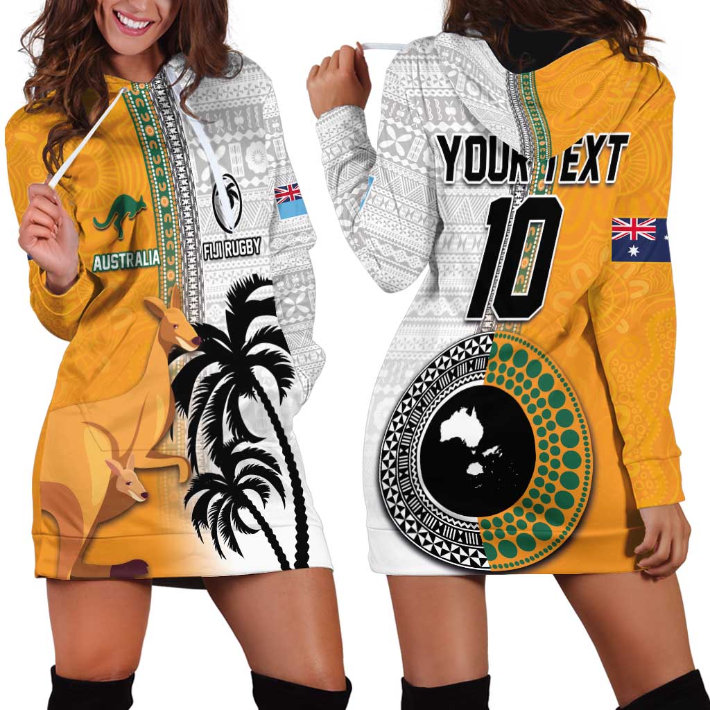 Custom Fiji and Australia Rugby Hoodie Dress Aboriginal and Fijian Masi Pattern