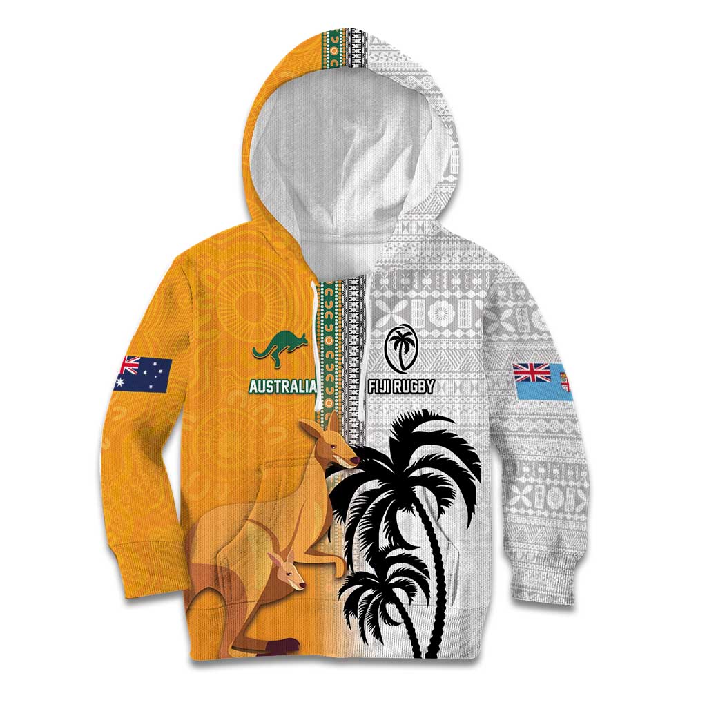 Custom Fiji and Australia Rugby Kid Hoodie Aboriginal and Fijian Masi Pattern