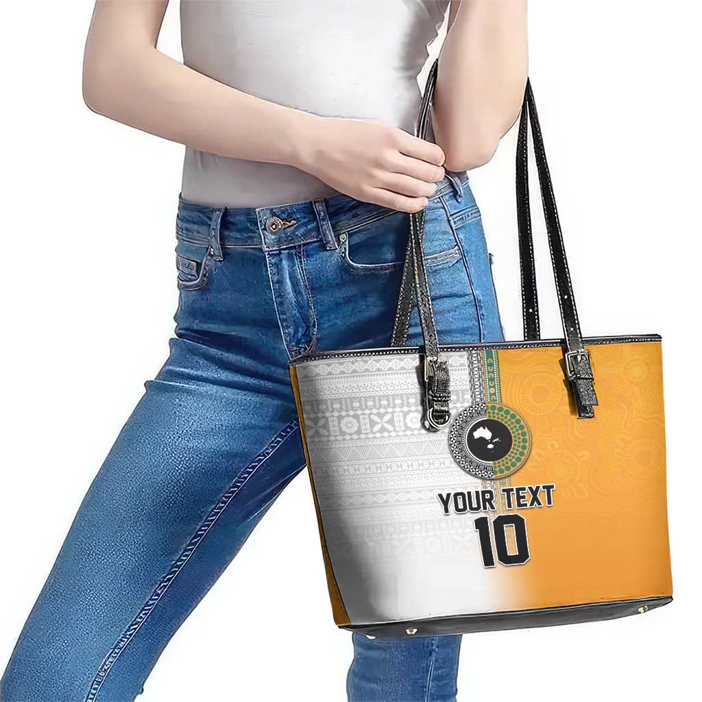 Custom Fiji and Australia Rugby Leather Tote Bag Aboriginal and Fijian Masi Pattern
