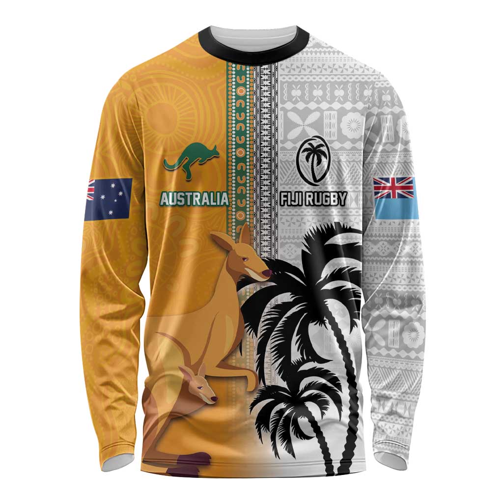 Custom Fiji and Australia Rugby Long Sleeve Shirt Aboriginal and Fijian Masi Pattern