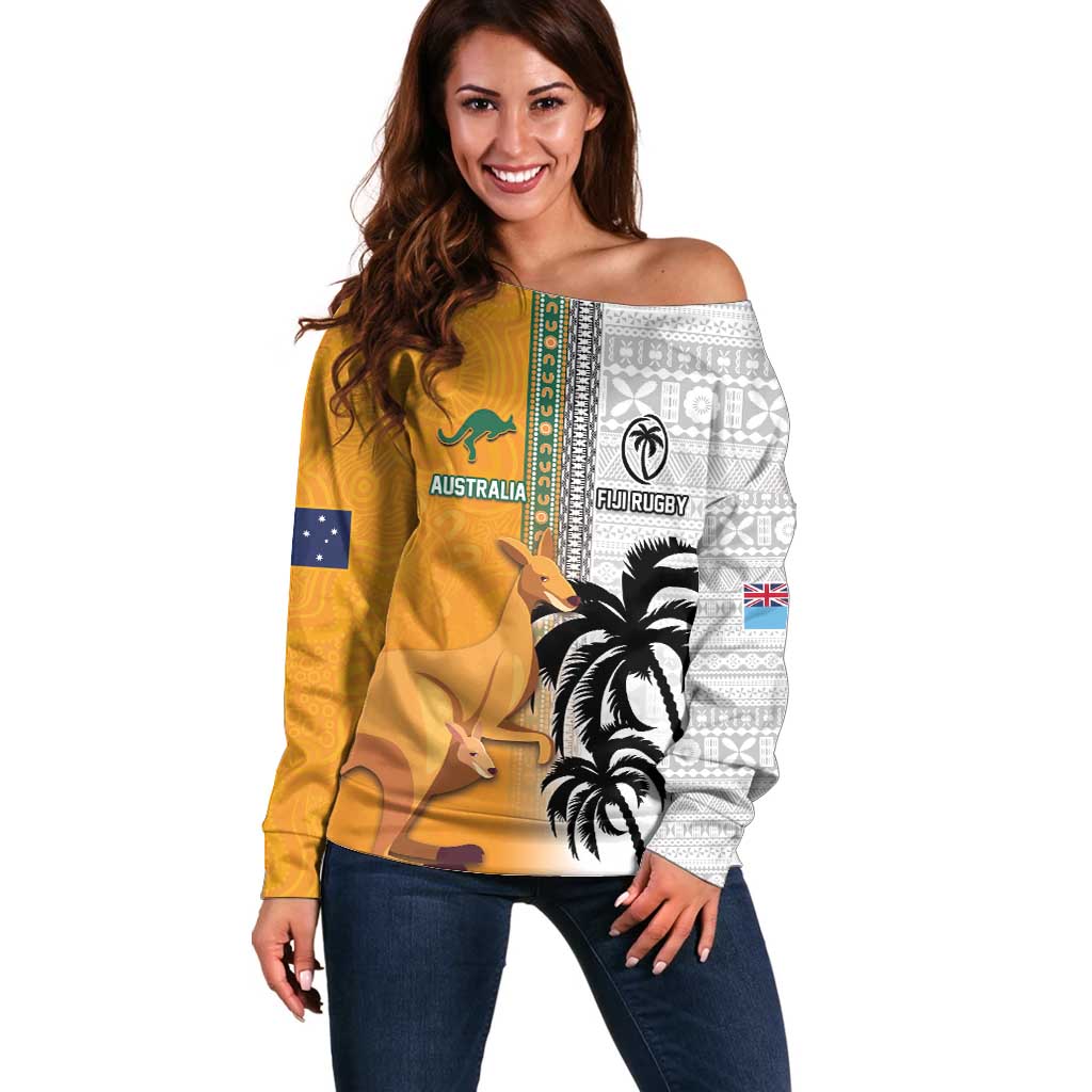 Custom Fiji and Australia Rugby Off Shoulder Sweater Aboriginal and Fijian Masi Pattern