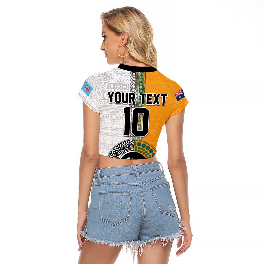 Custom Fiji and Australia Rugby Raglan Cropped T Shirt Aboriginal and Fijian Masi Pattern