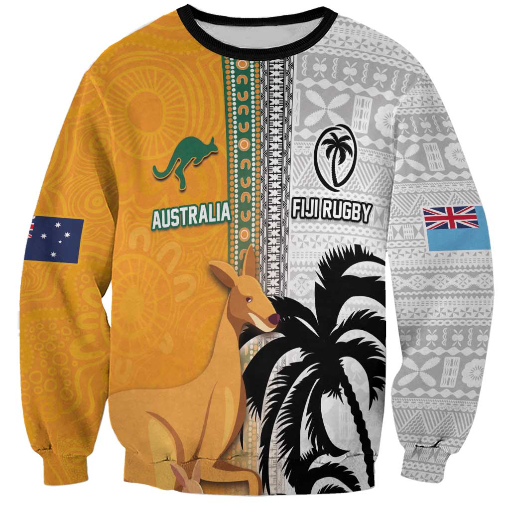 Custom Fiji and Australia Rugby Sweatshirt Aboriginal and Fijian Masi Pattern