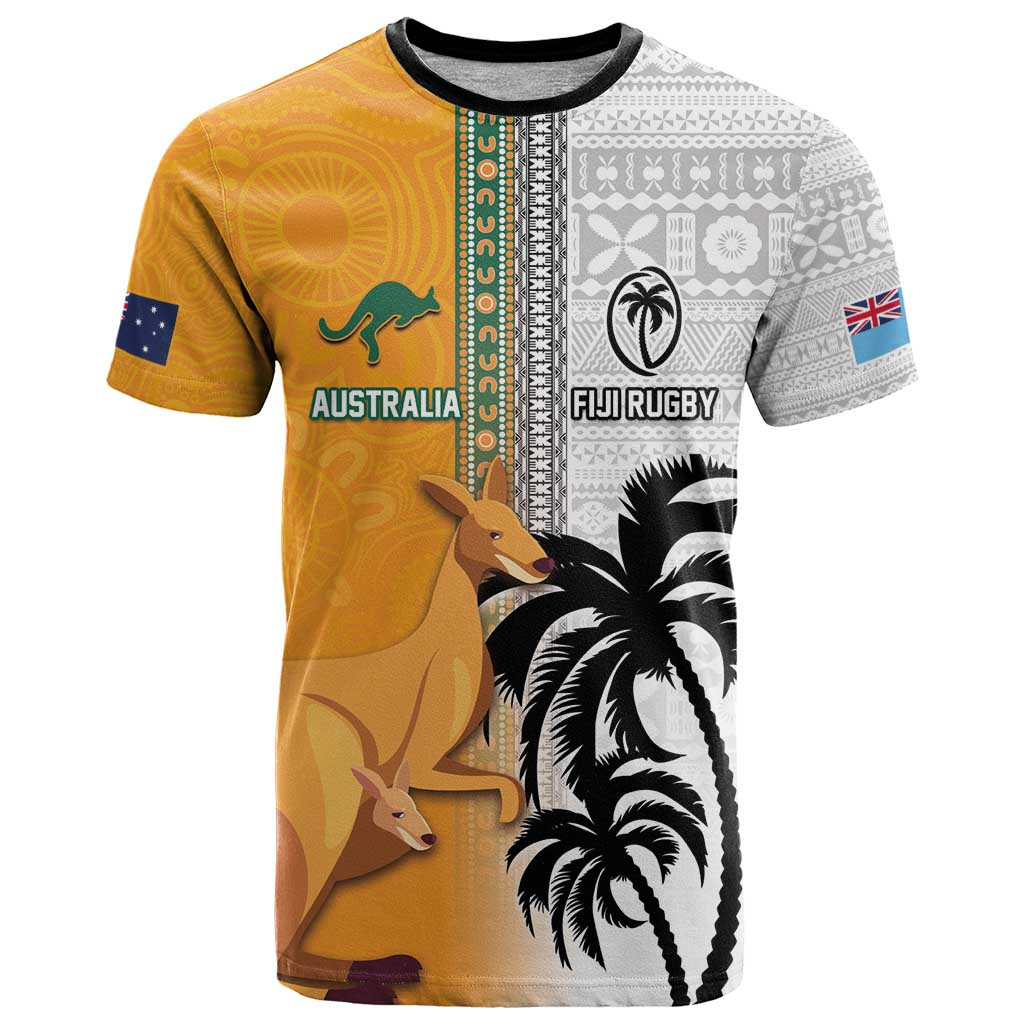 Custom Fiji and Australia Rugby T Shirt Aboriginal and Fijian Masi Pattern