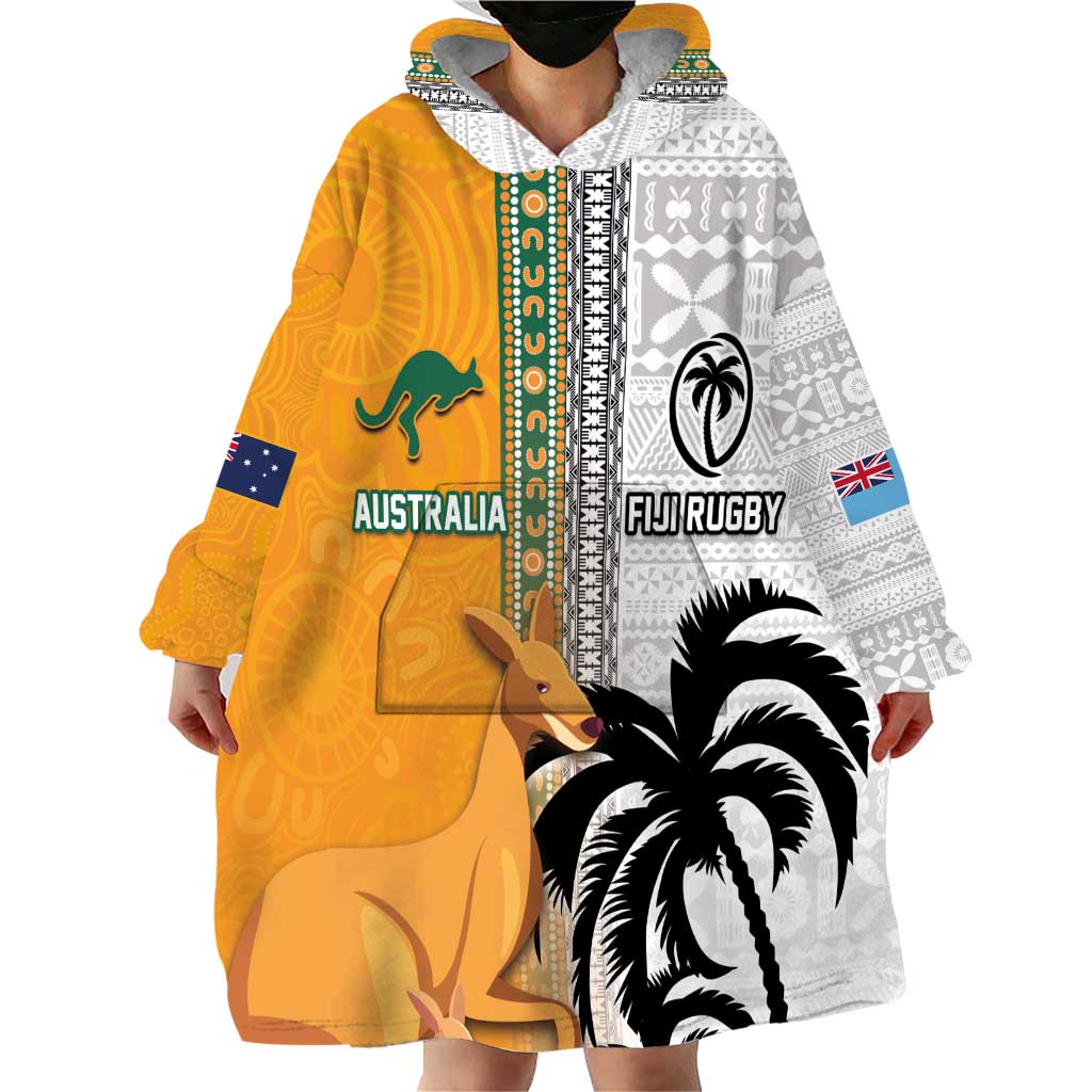 Custom Fiji and Australia Rugby Wearable Blanket Hoodie Aboriginal and Fijian Masi Pattern