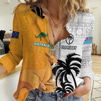 Custom Fiji and Australia Rugby Women Casual Shirt Aboriginal and Fijian Masi Pattern