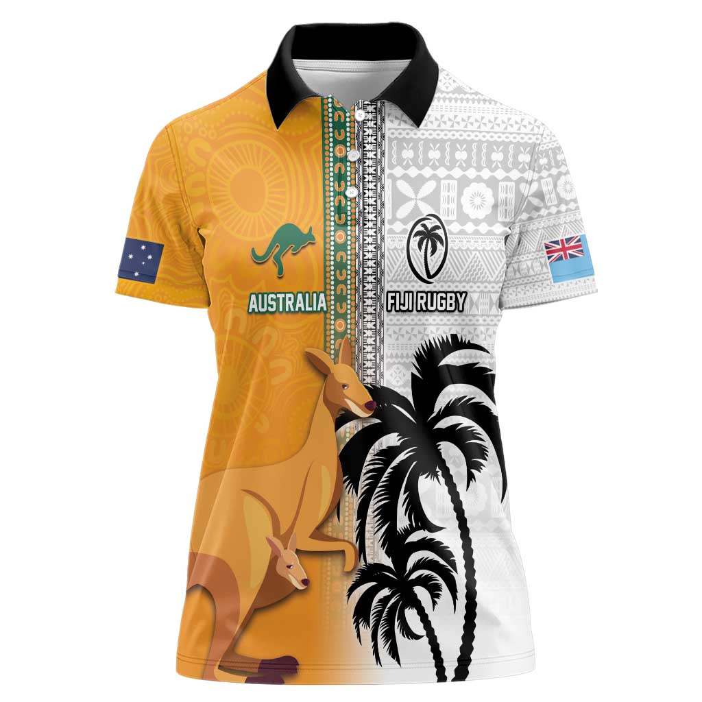 Custom Fiji and Australia Rugby Women Polo Shirt Aboriginal and Fijian Masi Pattern