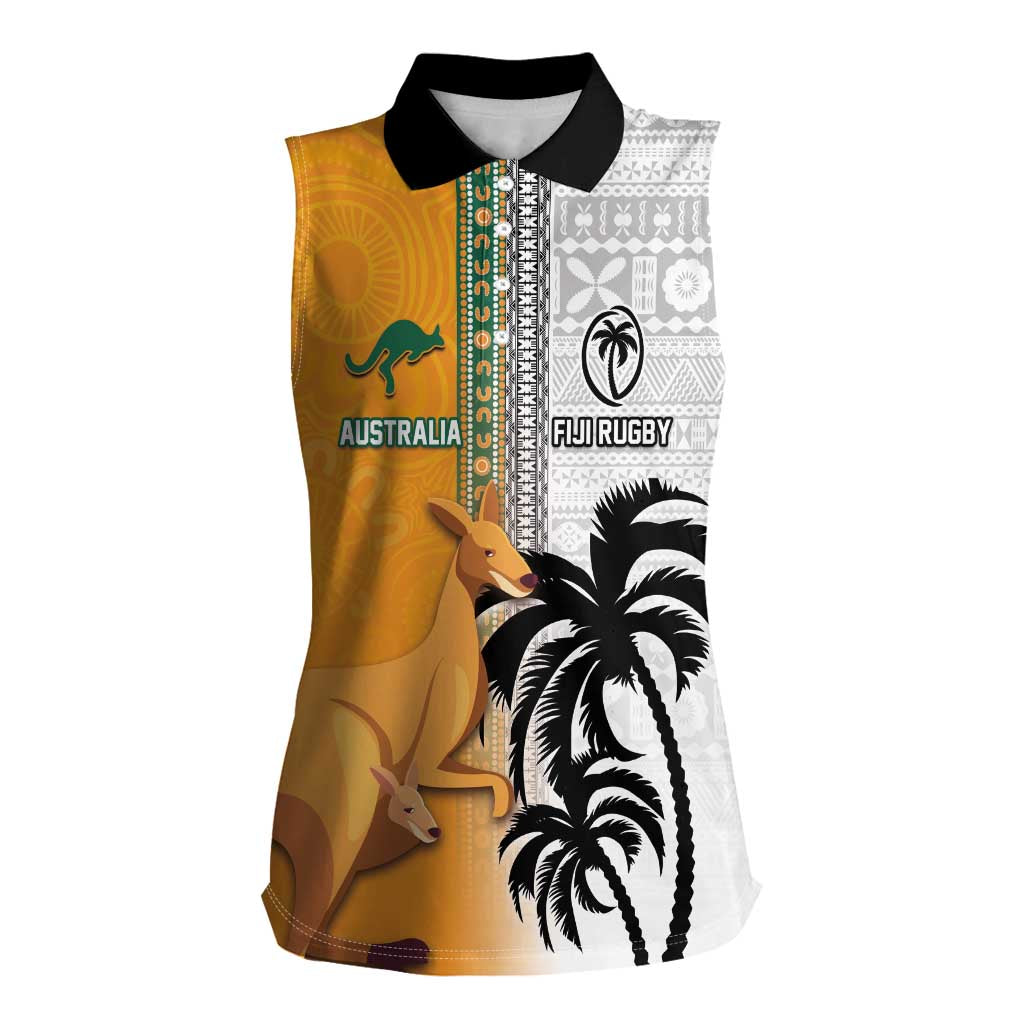 Custom Fiji and Australia Rugby Women Sleeveless Polo Shirt Aboriginal and Fijian Masi Pattern