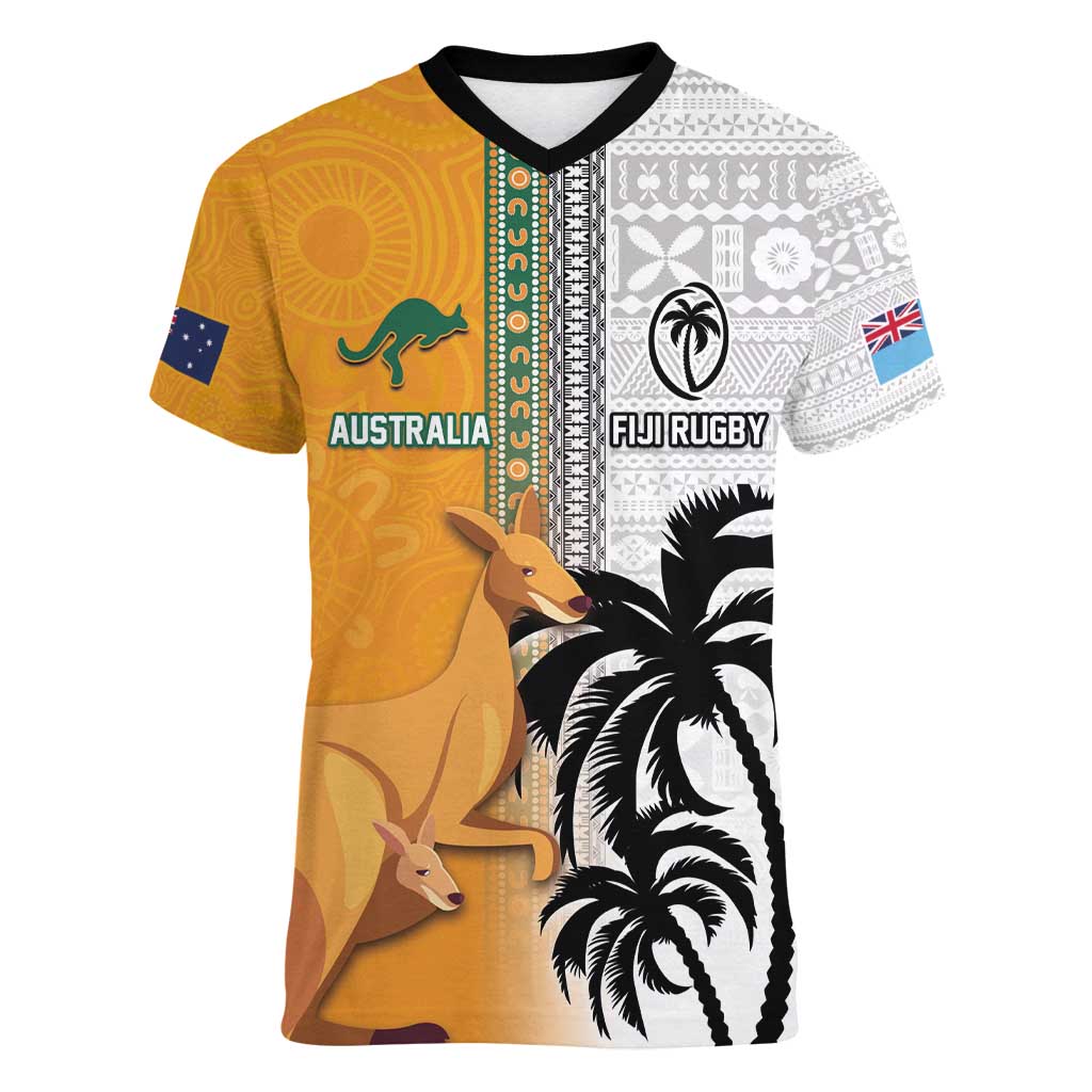 Custom Fiji and Australia Rugby Women V-Neck T-Shirt Aboriginal and Fijian Masi Pattern