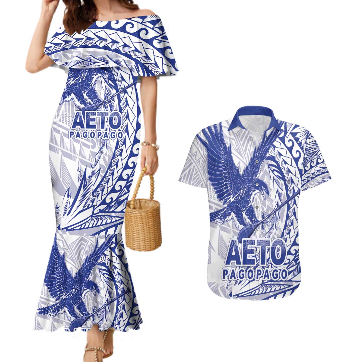 American Samoa Pago Pago Aeto Couples Matching Mermaid Dress and Hawaiian Shirt Wingstyle Blue-White Color LT03 White - Polynesian Pride