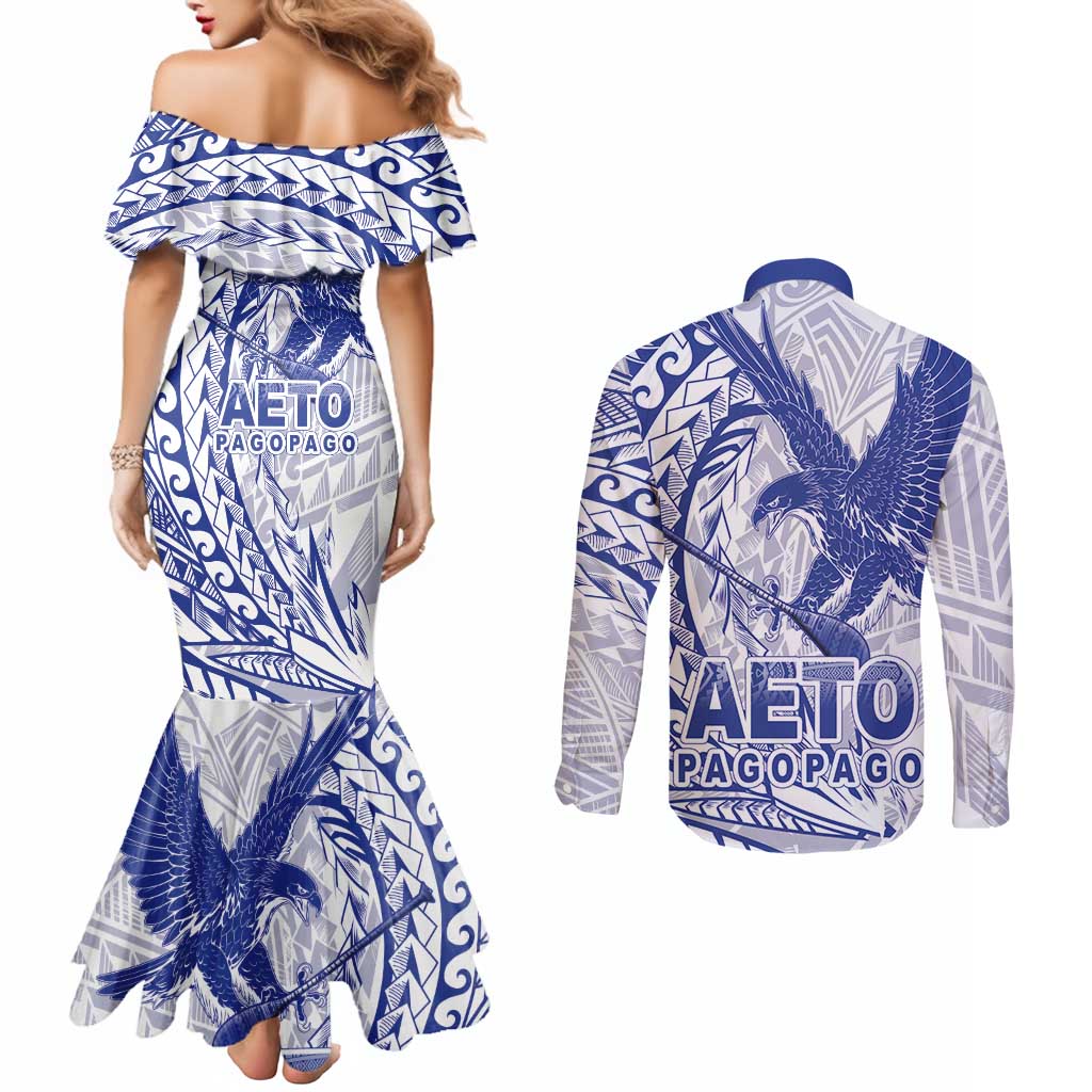 Samoa Pago Pago Aeto Couples Matching Mermaid Dress and Long Sleeve Button Shirt Wingstyle Blue-White Color - Polynesian Pride