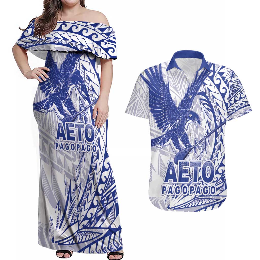 American Samoa Pago Pago Aeto Couples Matching Off Shoulder Maxi Dress and Hawaiian Shirt Wingstyle Blue-White Color LT03 White - Polynesian Pride