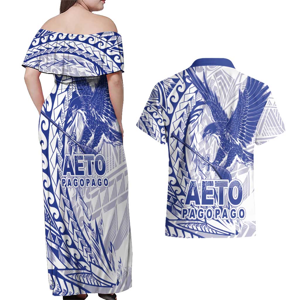 American Samoa Pago Pago Aeto Couples Matching Off Shoulder Maxi Dress and Hawaiian Shirt Wingstyle Blue-White Color LT03 - Polynesian Pride
