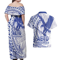 American Samoa Pago Pago Aeto Couples Matching Off Shoulder Maxi Dress and Hawaiian Shirt Wingstyle Blue-White Color LT03 - Polynesian Pride