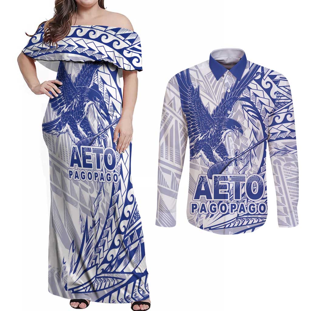 Samoa Pago Pago Aeto Couples Matching Off Shoulder Maxi Dress and Long Sleeve Button Shirt Wingstyle Blue-White Color - Polynesian Pride