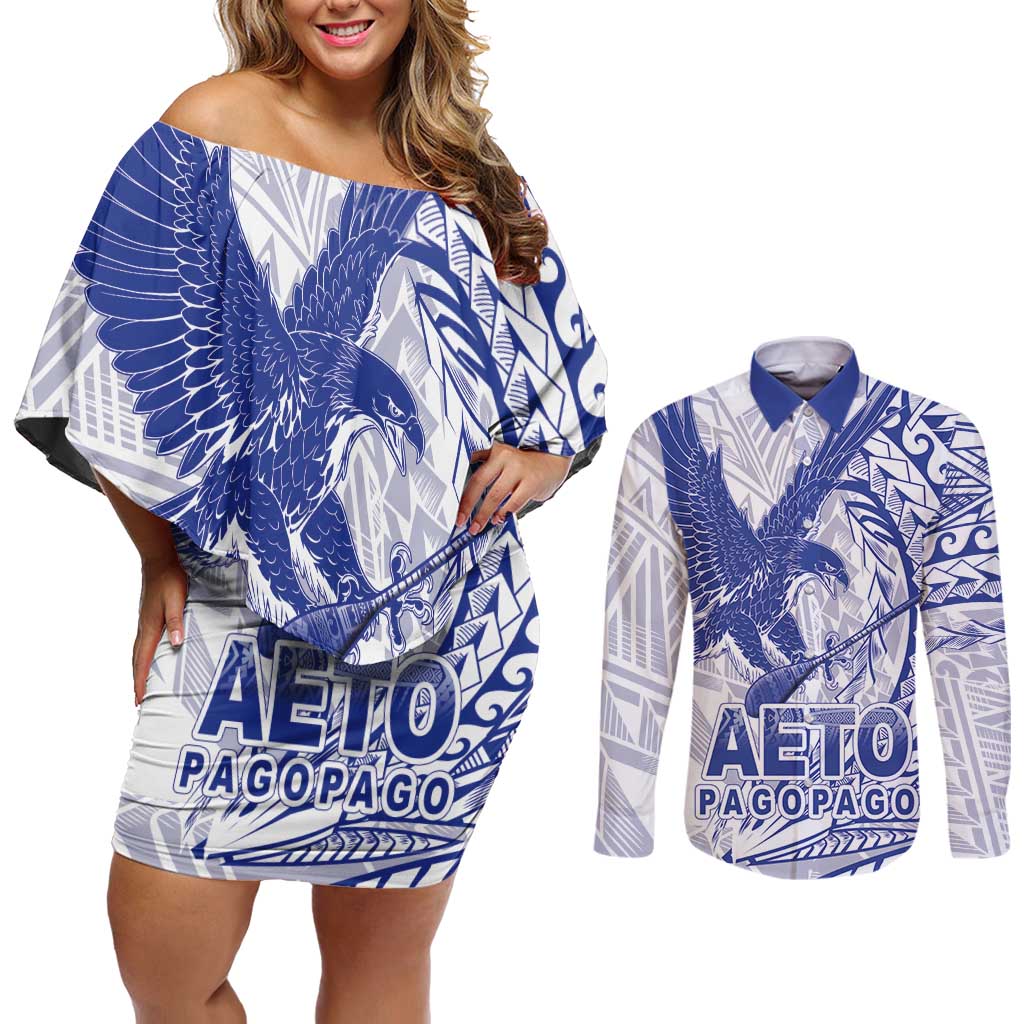 Samoa Pago Pago Aeto Couples Matching Off Shoulder Short Dress and Long Sleeve Button Shirt Wingstyle Blue-White Color - Polynesian Pride