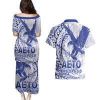 American Samoa Pago Pago Aeto Couples Matching Puletasi and Hawaiian Shirt Wingstyle Blue-White Color LT03 - Polynesian Pride