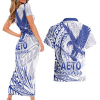 American Samoa Pago Pago Aeto Couples Matching Short Sleeve Bodycon Dress and Hawaiian Shirt Wingstyle Blue-White Color LT03 - Polynesian Pride