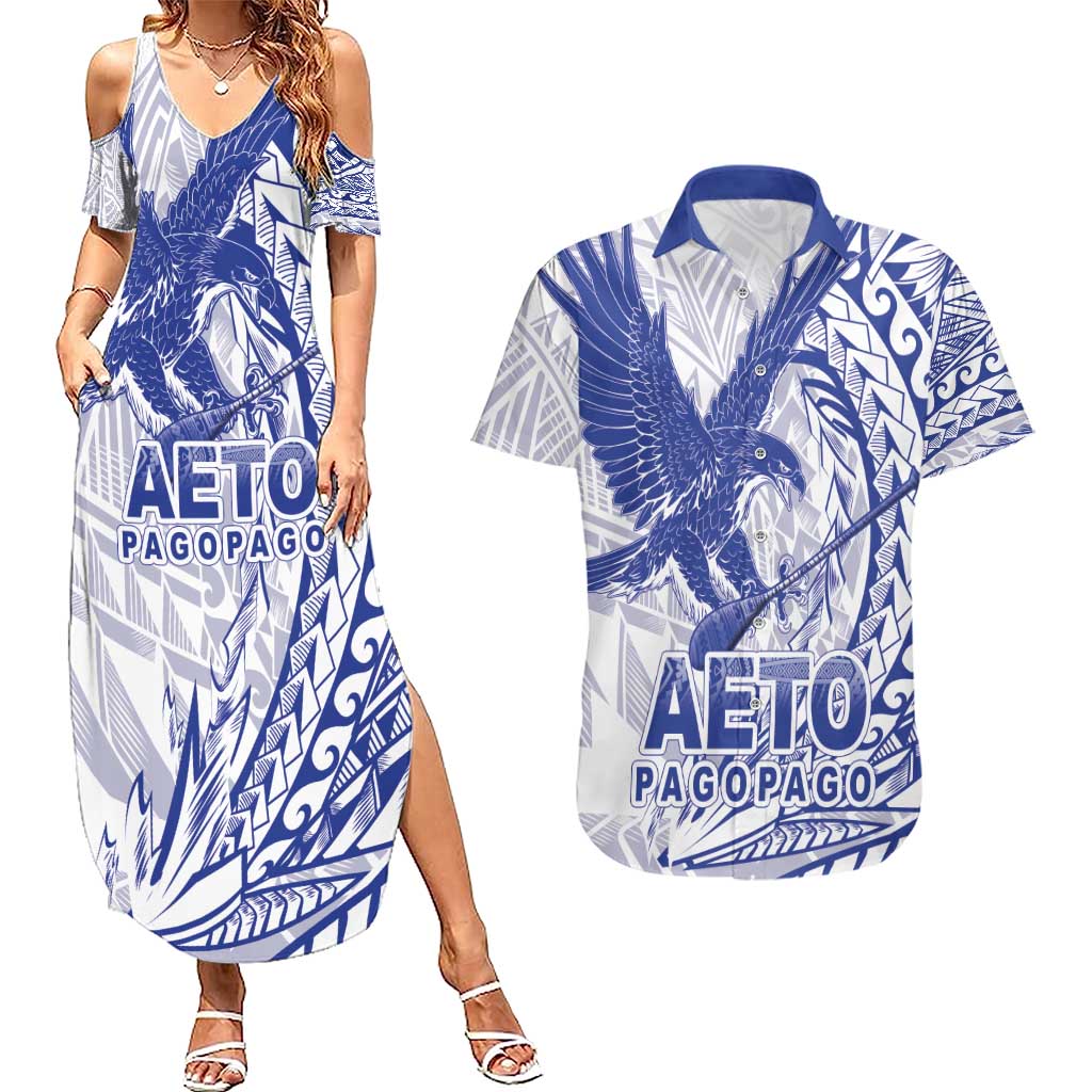 American Samoa Pago Pago Aeto Couples Matching Summer Maxi Dress and Hawaiian Shirt Wingstyle Blue-White Color LT03 White - Polynesian Pride