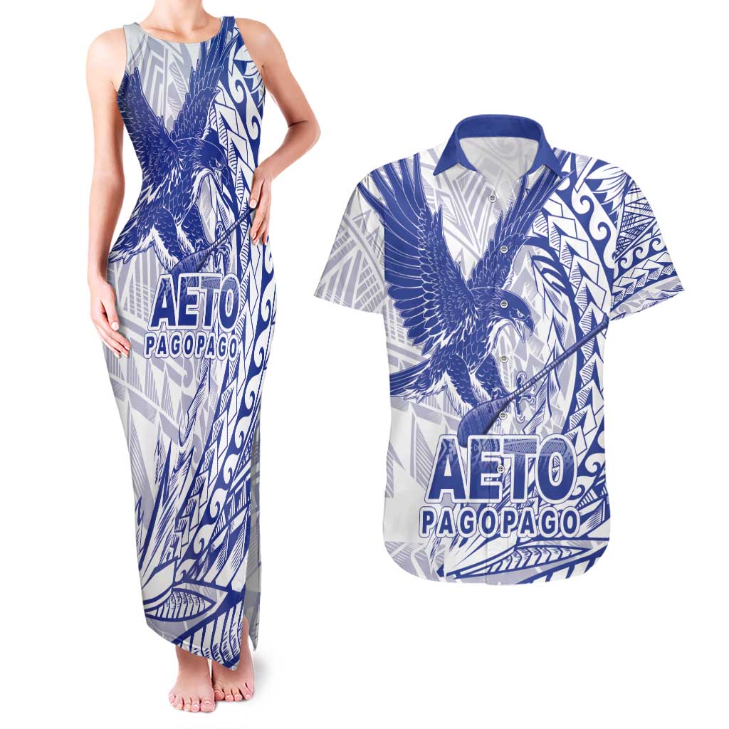 American Samoa Pago Pago Aeto Couples Matching Tank Maxi Dress and Hawaiian Shirt Wingstyle Blue-White Color LT03 White - Polynesian Pride