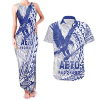 American Samoa Pago Pago Aeto Couples Matching Tank Maxi Dress and Hawaiian Shirt Wingstyle Blue-White Color LT03 White - Polynesian Pride