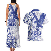 American Samoa Pago Pago Aeto Couples Matching Tank Maxi Dress and Hawaiian Shirt Wingstyle Blue-White Color LT03 - Polynesian Pride