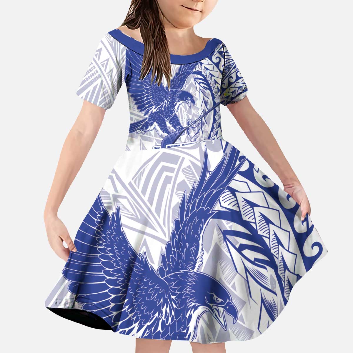 Samoa Pago Pago Aeto Family Matching Off The Shoulder Long Sleeve Dress and Hawaiian Shirt Wingstyle Blue-White Color - Polynesian Pride