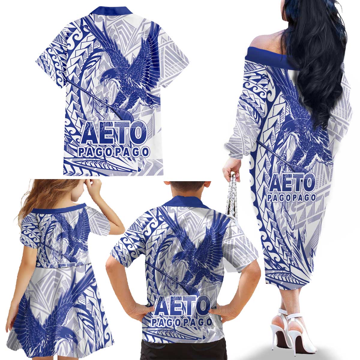 Samoa Pago Pago Aeto Family Matching Off The Shoulder Long Sleeve Dress and Hawaiian Shirt Wingstyle Blue-White Color - Polynesian Pride