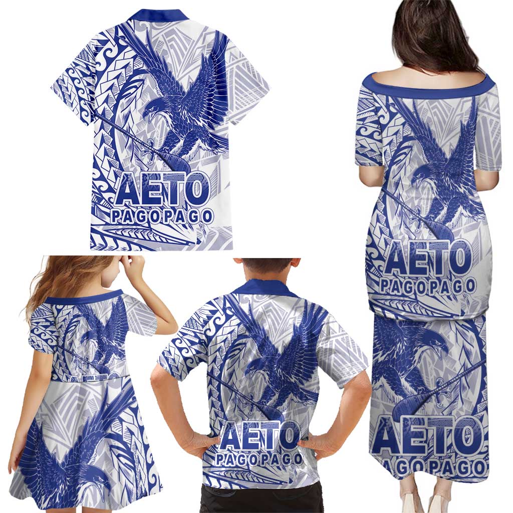 Samoa Pago Pago Aeto Family Matching Puletasi and Hawaiian Shirt Wingstyle Blue-White Color - Polynesian Pride
