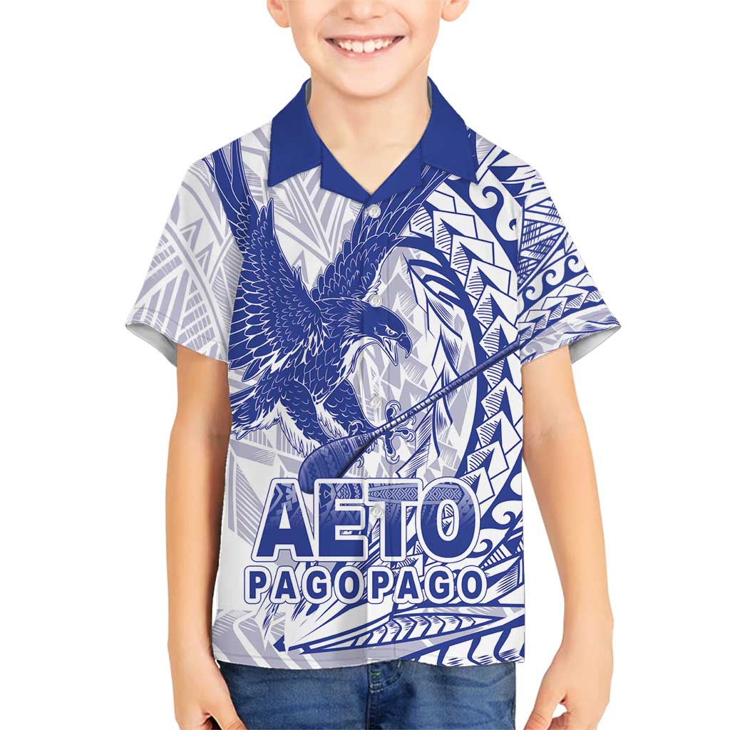 Samoa Pago Pago Aeto Family Matching Puletasi and Hawaiian Shirt Wingstyle Blue-White Color - Polynesian Pride