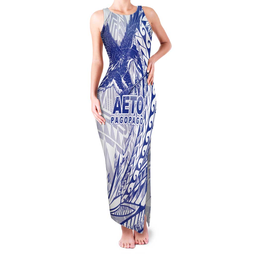 Samoa Pago Pago Aeto Family Matching Tank Maxi Dress and Hawaiian Shirt Wingstyle Blue-White Color - Polynesian Pride