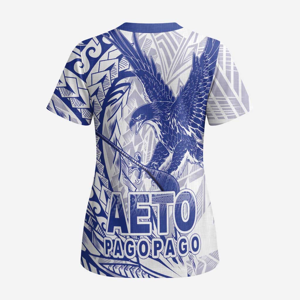 American Samoa Pago Pago Aeto Scrub Top Wingstyle Blue-White Color LT03 - Polynesian Pride