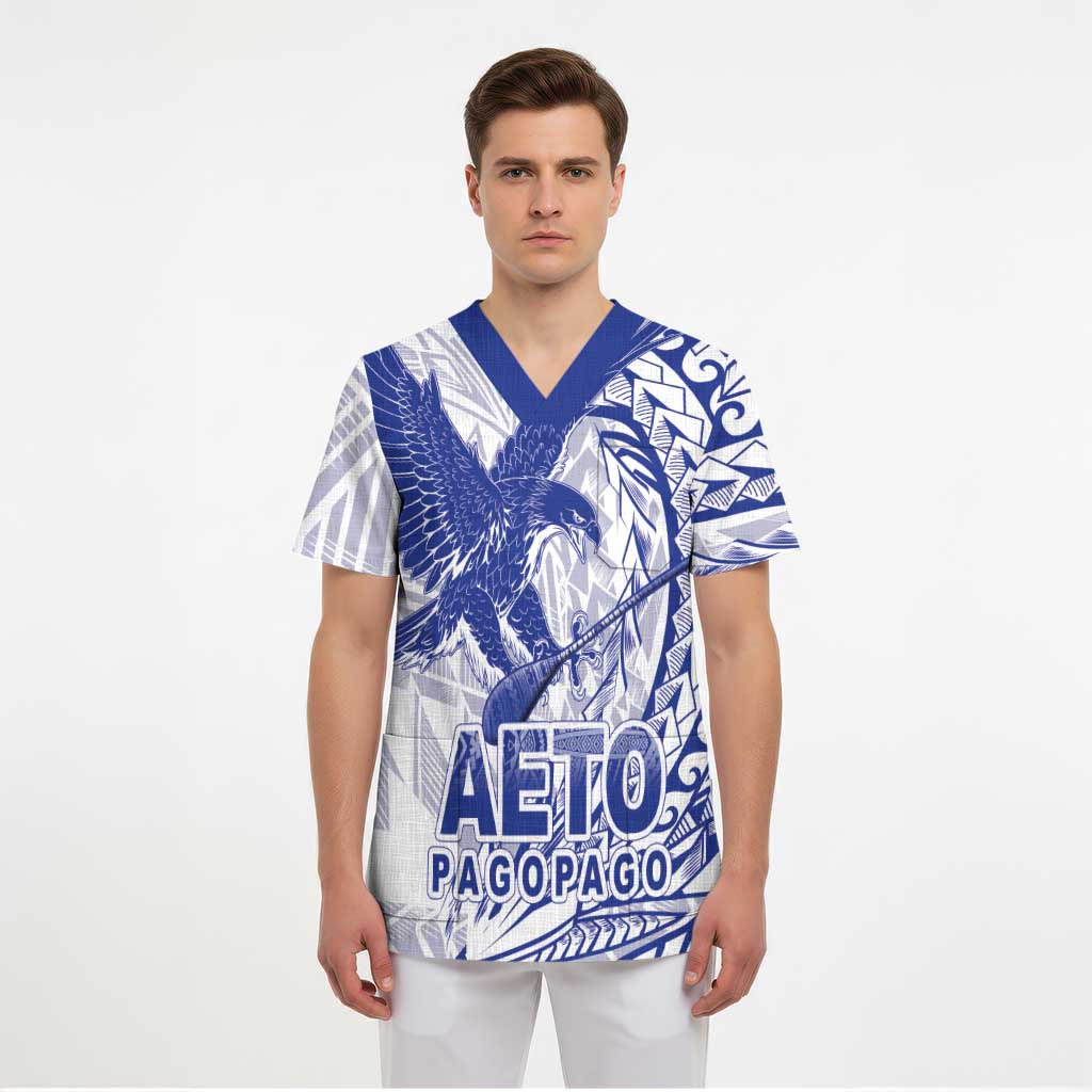 American Samoa Pago Pago Aeto Scrub Top Wingstyle Blue-White Color LT03 - Polynesian Pride