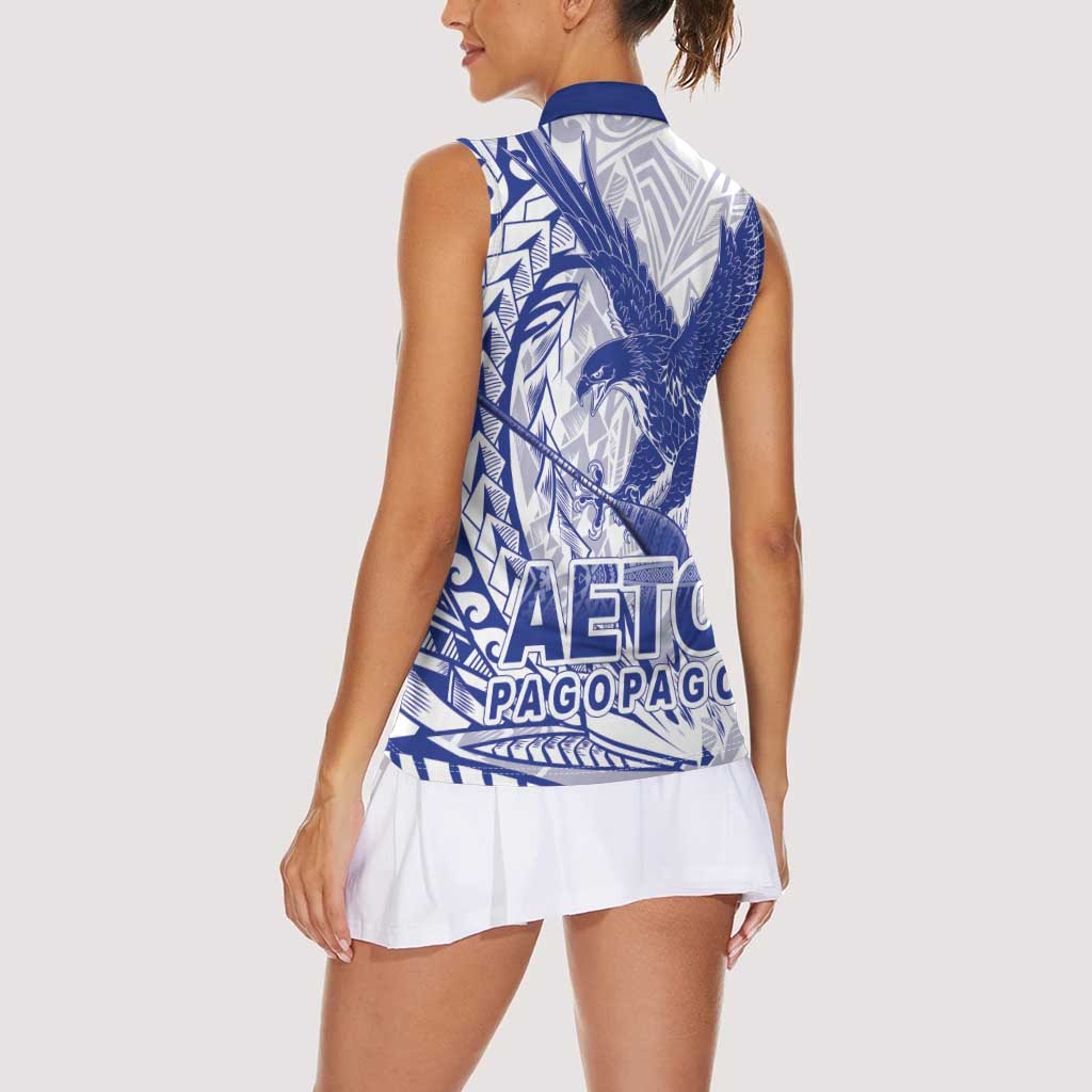 Samoa Pago Pago Aeto Women Sleeveless Polo Shirt Wingstyle Blue-White Color - Polynesian Pride