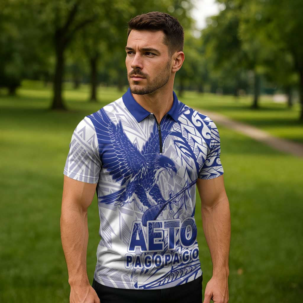 Samoa Pago Pago Aeto Zipper Polo Shirt Wingstyle Blue-White Color - Polynesian Pride