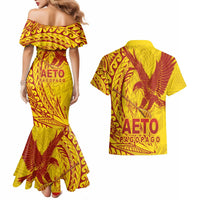 American Samoa Pago Pago Aeto Couples Matching Mermaid Dress and Hawaiian Shirt Wingstyle Red-Gold Color LT03 - Polynesian Pride
